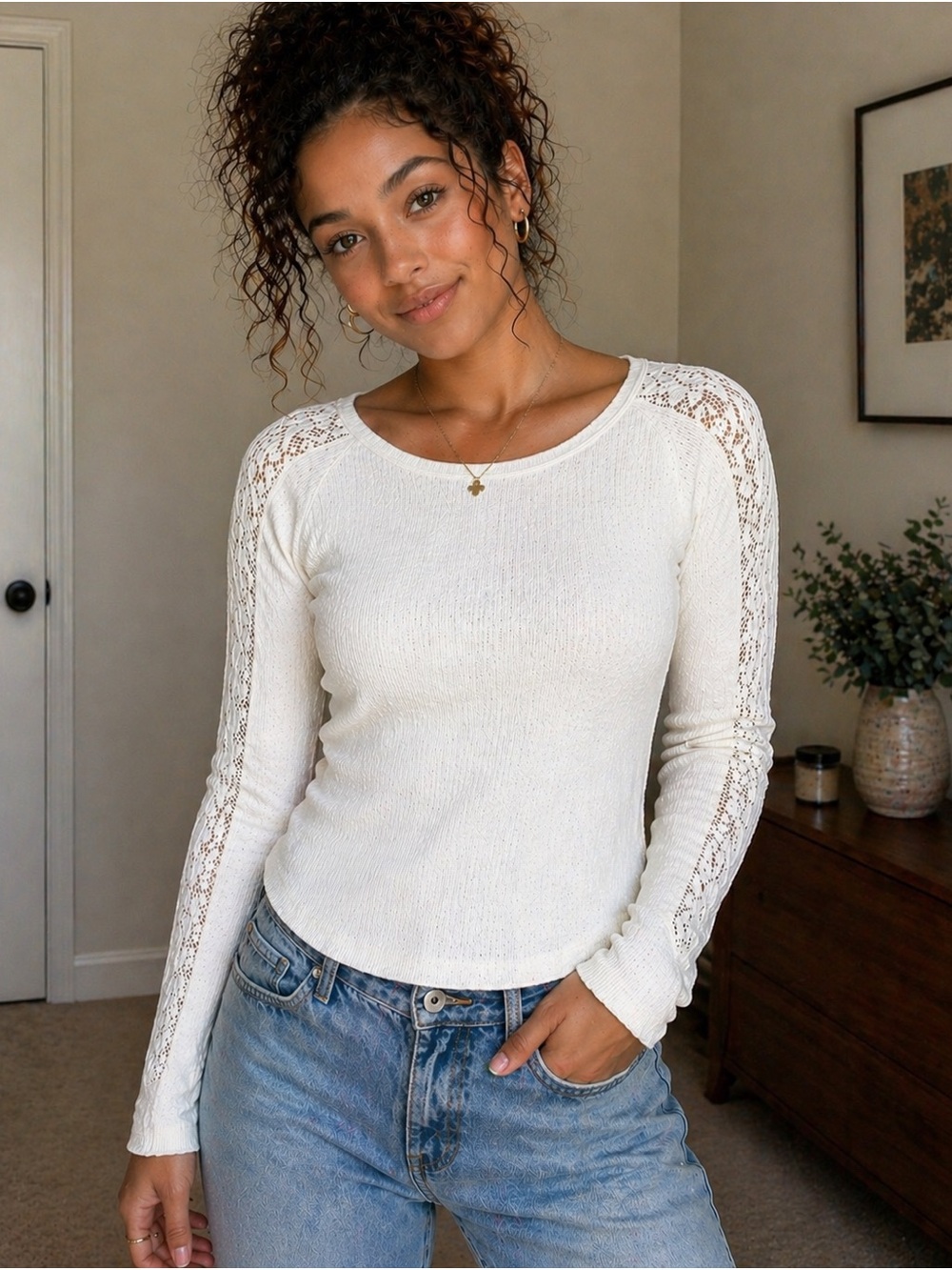 Lucky Brand Cream Lace-Trim Long Sleeve Tee